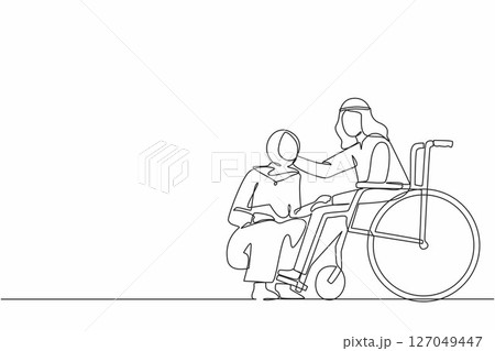 Single one line drawing Arab woman kneeling before man in wheelchair. Disabled husband sitting in wheelchair holding wife head in hospital ward. Continuous line draw design graphic vector illustration 127049447