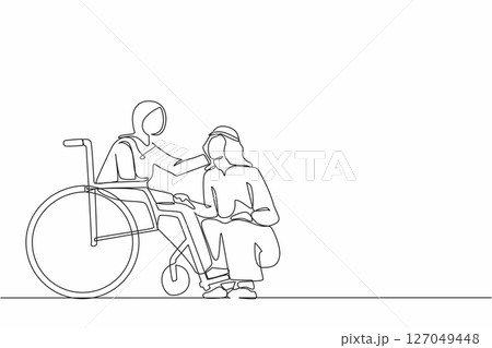 One continuous line drawing Arab man kneeling beside woman in wheelchair. Disabled wife sitting in wheelchair holding husband head in house yard. Single line draw design graphic vector illustration 127049448