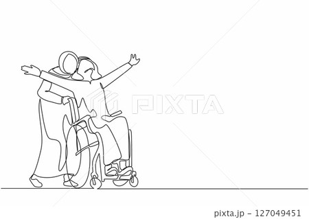 Single one line drawing happy disabled Arab man in wheelchair on walk with his loving wife outdoors, having fun, spending time together. Impaired couple enjoying fun day. Continuous line design vector 127049451