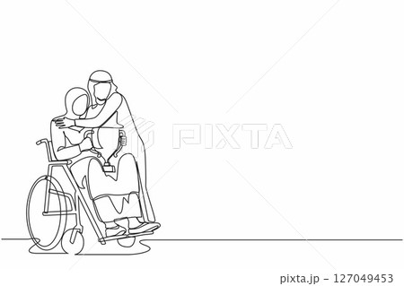 Single continuous line drawing disability Arab woman on wheelchair with trophy cup sharing her joy from achievements, victory with her husband. Disabled people success in sport. One line design vector 127049453