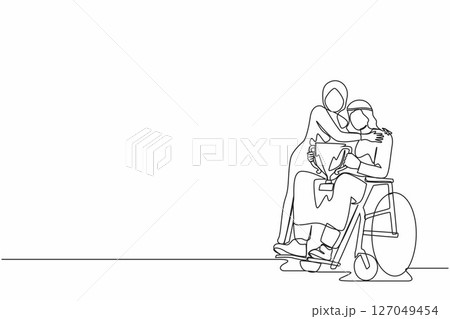 Continuous one line drawing disability Arabic man on wheelchair with trophy cup sharing his joy from achievements and victory with his wife. Disabled people success in sport. Single line design vector 127049454