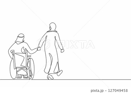 Single continuous line drawing back view Arab woman with her beloved disabled husband on wheelchair is taking stroll. Man with physical disability and his wife outdoors. One line graphic design vector 127049458