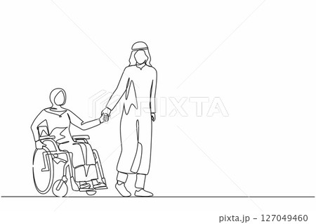Single one line drawing Arabic husband walk the park with disabled wife, woman on wheelchair. Assistance in rehabilitation of disabled person. Lovely couple. Continuous line draw design graphic vector 127049460
