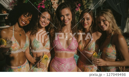 Smiling Women in Floral Swimsuits Enjoying Cocktails Outdoors 127049498