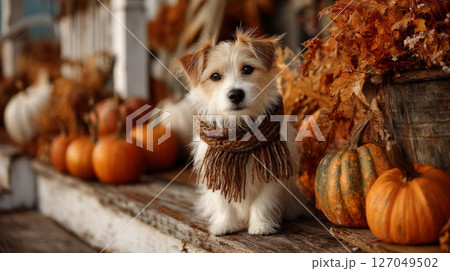 Cute Puppy Wearing Scarf Amidst Autumn Pumpkins 127049502
