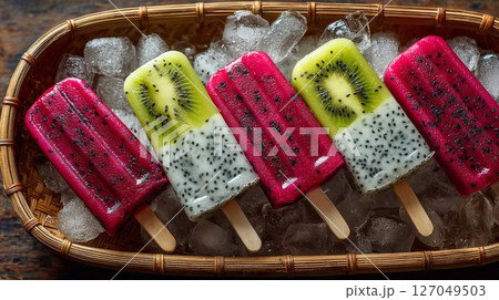 Red And Green Dragon Fruit Kiwi Popsicles On Ice Red And Green Dragon Fruit Kiwi Popsicles On Ice 127049503