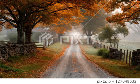 Autumnal Country Road Through Foggy Landscape 127049632