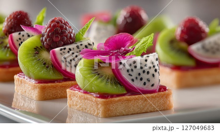 Colorful Fruit Tarts with Kiwi, Dragon Fruit, and Raspberry Colorful Fruit Tarts with Kiwi, Dragon Fruit, and Raspberry 127049683