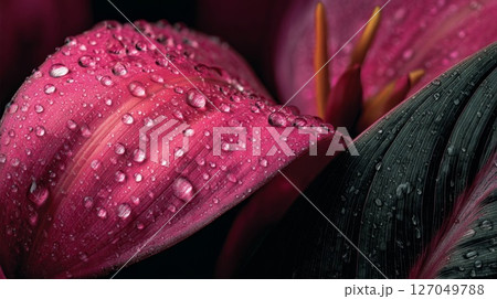 Close Up of Dew Drops on Deep Red Flower Petal 127049788