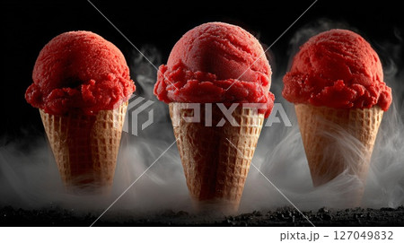 Three Red Ice Cream Cones in Smoke 127049832
