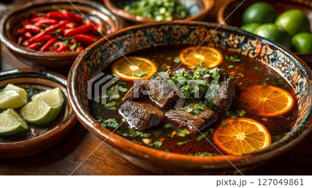 Dark Beef Chili with Orange and Lime in Rustic Bowl Dark Beef Chili with Orange and Lime in Rustic Bowl 127049861