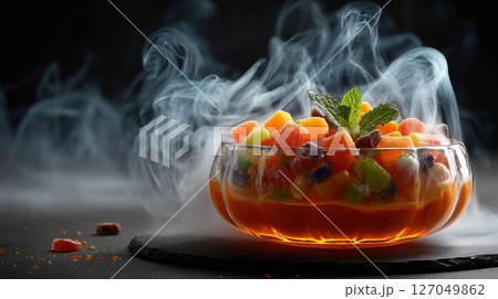 Candied Fruit Dessert with Smoke and Mint Candied Fruit Dessert with Smoke and Mint 127049862
