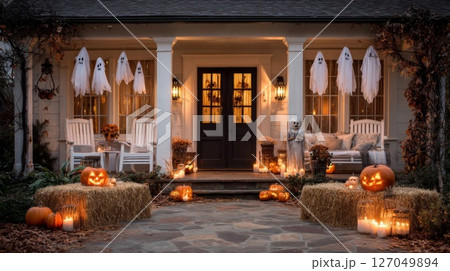 Halloween Porch Decor:  Glowing Pumpkins and Ghosts on a Rustic Porch 127049894