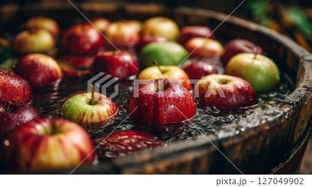 Red and Green Apples Soaking in Wooden Barrel 127049902