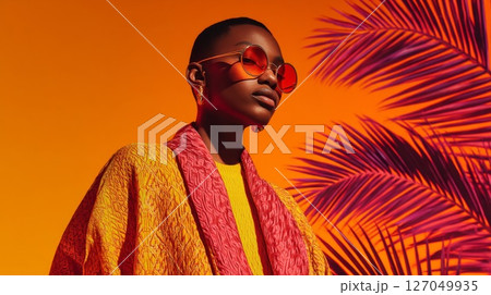 Woman in Yellow and Pink Outfit Posing with Palm Leaves Woman in Yellow and Pink Outfit Posing with Palm Leaves 127049935