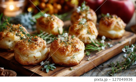 Golden Brown Cheese Puff Pastry Appetizers on Wooden Board Golden Brown Cheese Puff Pastry Appetizers on Wooden Board 127049936