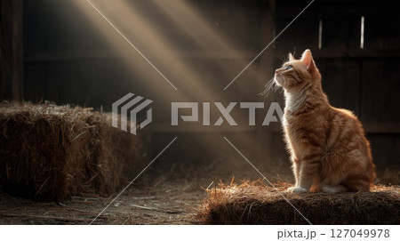 Ginger Cat in Barn with Sunbeams Ginger Cat in Barn with Sunbeams 127049978