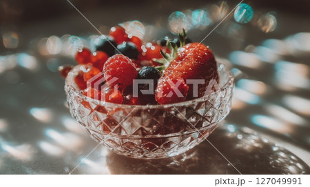 Red Berries in Crystal Bowl on Table 127049991