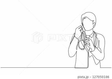 Single continuous line drawing doctor or scientist in laboratory holding syringe with liquid vaccines for children or older adults, fight against virus covid-19. One line draw graphic design vector Single continuous line drawing doctor or scientist in laboratory holding syringe with liquid vaccines for children or older adults, fight against virus covid-19. One line draw graphic design vector 127050186