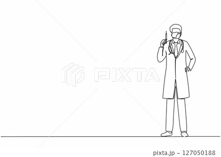 Continuous one line drawing male doctor holding medical injection syringe. Doctor wearing protective medical mask and gloves holding syringe in hand. Single line design graphic vector illustration Continuous one line drawing male doctor holding medical injection syringe. Doctor wearing protective medical mask and gloves holding syringe in hand. Single line design graphic vector illustration 127050188