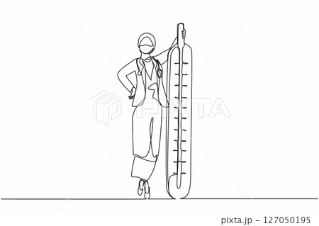 Single one line drawing therapist doctor with mask on her face carry thermometer in hospital. Arabian female nurse or doctor in medical outfit with stethoscope. Continuous line design graphic vector 127050195
