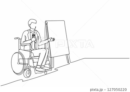 Single one line drawing young businessman on wheelchair using microphone, presentation of infographics on flip chart at weekly office report meeting. Modern continuous line draw design graphic vector 127050220
