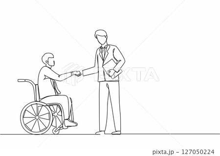 Single continuous line drawing disabled businessman in wheelchair shaking hand with business partner or boss. Injured manager dialogue with business colleague. One line draw graphic design vector. 127050224