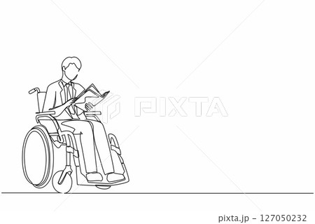 Continuous one line drawing positive student disabled reads book while sitting in wheelchair. Injured guy studying in college. Rehabilitation of disabled people. Single line draw design vector Continuous one line drawing positive student disabled reads book while sitting in wheelchair. Injured guy studying in college. Rehabilitation of disabled people. Single line draw design vector 127050232