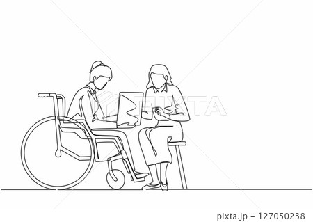 Single continuous line drawing disabled woman patient in wheelchair talking with doctor, discuss results of medical examination. Doctor hold checklist. One line draw graphic design vector illustration Single continuous line drawing disabled woman patient in wheelchair talking with doctor, discuss results of medical examination. Doctor hold checklist. One line draw graphic design vector illustration 127050238