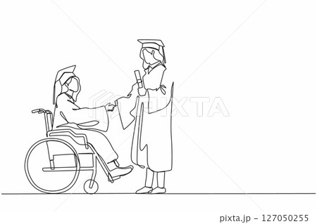 Continuous one line drawing full length of female graduate student in wheelchair shaking hand with female graduate student standing and holding diploma. Single line design vector graphic illustration 127050255