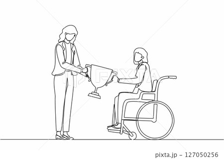 Single continuous line drawing presenting prize to businesswoman in wheelchair. Disabled woman on wheelchair with trophy cup sharing her joy from achievement victory. One line graphic design vector 127050256