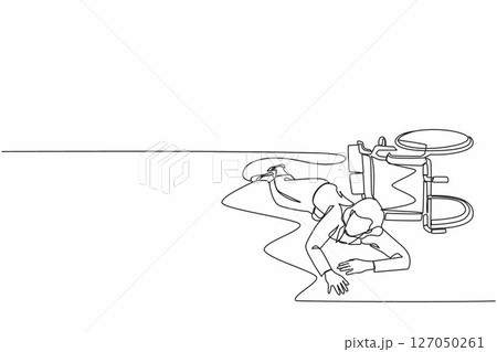 Single one line drawing businesswoman fell off wheelchair sitting on floor. Disabled female patient accident falling down and crawling for help in hospital room. Continuous line design graphic vector 127050261