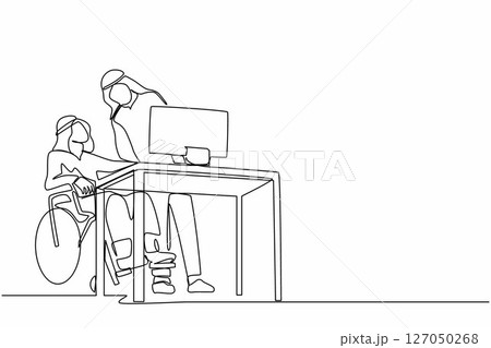 Continuous one line drawing disabled Arabian man in wheelchair works in an office behind desk and computer. Interaction and communication with colleague. Single line design vector graphic illustration 127050268