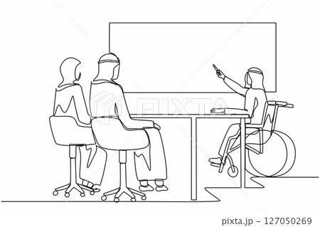 Single continuous line drawing disabled Arab businessman giving presentation to colleagues. Coworker listening to disability executive in wheelchair presenting in office. One line draw design vector 127050269