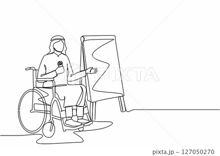 Single continuous line drawing Arabian businessman on wheelchair using microphone, presentation infographics on flip chart at weekly office report meeting. One line graphic design vector illustration 127050270