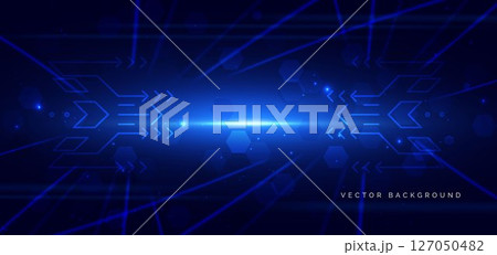 Futuristic technology hexagon and arrow blue with lighting effect sparkle on dark blue background. 127050482