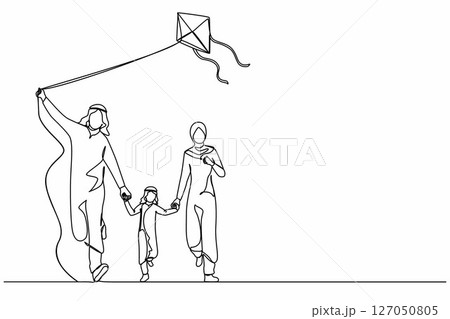 Continuous one line drawing Arab family weekend with parents and child walking in park. Fun family running, rest at nature on vacation. Dad, mom, and son launches kite. Single line draw design vector Continuous one line drawing Arab family weekend with parents and child walking in park. Fun family running, rest at nature on vacation. Dad, mom, and son launches kite. Single line draw design vector 127050805