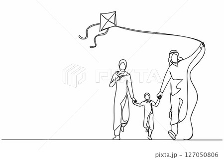 Single one line drawing Arab family weekend with parents and child walking in park. Fun family running, rest at nature on vacation. Dad, mom, daughter launches kite. Continuous line draw design vector 127050806