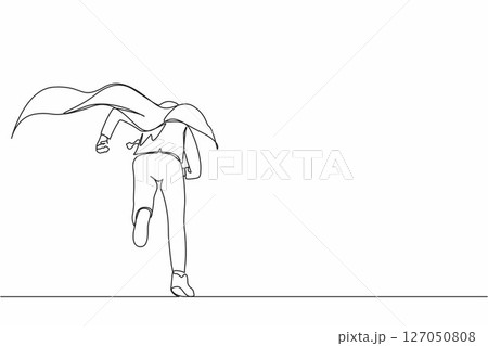 Single one line drawing back view businessman superhero running to office. Powerful businessman enthusiastic with ideas and innovation. Modern continuous line draw design graphic vector illustration Single one line drawing back view businessman superhero running to office. Powerful businessman enthusiastic with ideas and innovation. Modern continuous line draw design graphic vector illustration 127050808