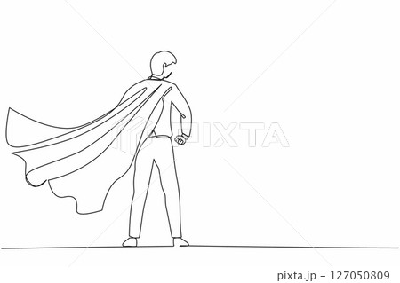 Single continuous line drawing superhero in cloak flutters in the wind. Stands with his back. Successful businessman hero. Business success, leadership and victory. One line draw graphic design vector 127050809