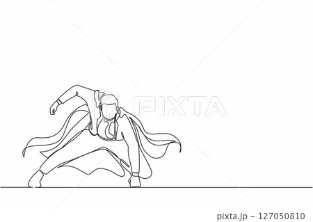 Continuous one line drawing young businessman with superhero mantle in landing powerful action. Office worker ready to fight for career achievement. Single line draw design vector graphic illustration 127050810
