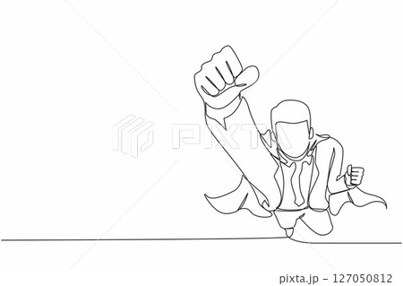 Single continuous line drawing superhero businessman wearing cape. Manager leader flying up with stretched arm clenched fist. Super businessman fly forward. One line draw design vector illustration 127050812