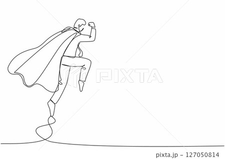 Single one line drawing superhero businessman parry blow. Man in superman costume and mantle standing after fight. Victory, winner concept. Modern continuous line design graphic vector illustration 127050814
