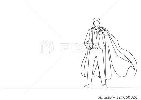 Single continuous line drawing leadership businessman in superhero cloak. Leader or boss pointing direction goals and aims defining strategy development. One line graphic design vector illustration 127050826