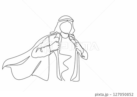 Single continuous line drawing handsome young man in business Arabic clothes with shirt. Successful Arabian businessman. Hero, ripping off his shirt. One line draw graphic design vector illustration Single continuous line drawing handsome young man in business Arabic clothes with shirt. Successful Arabian businessman. Hero, ripping off his shirt. One line draw graphic design vector illustration 127050852