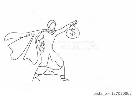 Continuous one line drawing superhero Arabian businesswoman present symbol of income. Happy employee superhero shows money bag metaphor of income, investment, profit, growth. Single line design vector Continuous one line drawing superhero Arabian businesswoman present symbol of income. Happy employee superhero shows money bag metaphor of income, investment, profit, growth. Single line design vector 127050865
