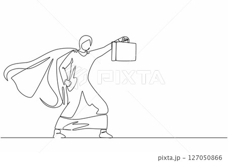 Continuous one line drawing Arabian businesswoman superhero standing with suitcase. Portrait of young office worker. Office, business, employee. Single line draw design vector graphic illustration Continuous one line drawing Arabian businesswoman superhero standing with suitcase. Portrait of young office worker. Office, business, employee. Single line draw design vector graphic illustration 127050866