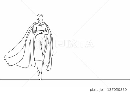 Single one line drawing determined Arab businesswoman or office worker super hero in cloak. The concept of leadership and strength in business. Continuous line draw design graphic vector illustration Single one line drawing determined Arab businesswoman or office worker super hero in cloak. The concept of leadership and strength in business. Continuous line draw design graphic vector illustration 127050880