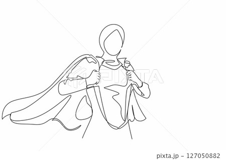 Continuous one line drawing beautiful young female in business hijab wearing shirt. Successful Arabian businesswoman. Hero, ripping off her shirt. Single line draw design vector graphic illustration Continuous one line drawing beautiful young female in business hijab wearing shirt. Successful Arabian businesswoman. Hero, ripping off her shirt. Single line draw design vector graphic illustration 127050882