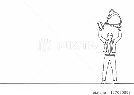 Single one line drawing businessman standing and lifting trophy. Career goal icon. Victory sign or symbol. Winner pose. Success, goal, achievement concept. Continuous line draw design graphic vector 127050898